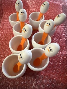 Moda Inter.  White Egg Cups with Orange Chick Spoons - 8pc Porcelain holders